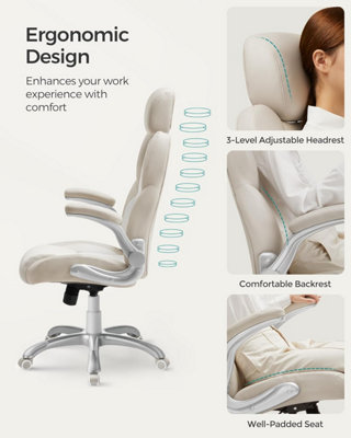 SONGMICS Ergonomic Office Chair with Adjustable Headrest & Tilt Function, Foldable Armrests, Locking Castors, Gaming, Cream White