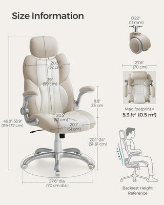SONGMICS Ergonomic Office Chair with Adjustable Headrest & Tilt Function, Foldable Armrests, Locking Castors, Gaming, Cream White