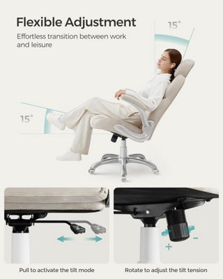SONGMICS Ergonomic Office Chair with Adjustable Headrest & Tilt Function, Foldable Armrests, Locking Castors, Gaming, Cream White