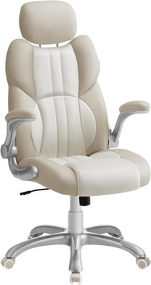 SONGMICS Ergonomic Office Chair with Adjustable Headrest & Tilt Function, Foldable Armrests, Locking Castors, Gaming, Cream White