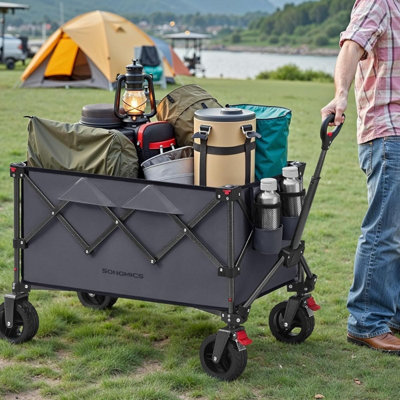 SONGMICS Foldable Outdoor Trolley, Spacious, Pull Wagon with Handle and Removable Wheels, Space-Saving, Slate Grey