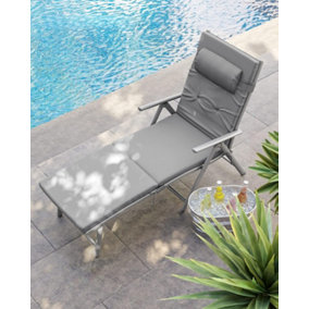 SONGMICS Foldable Sun Lounger, with Mattress, Removable Headrest, Rustproof, Breathable, Comfortable, Reclinable, Grey