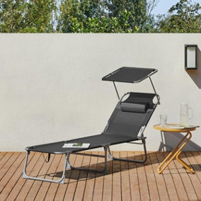 SONGMICS Folding Deck Chair, Sun Lounger with Reclining Adjustable Backrest and Sunshade Headrest, Dark Grey