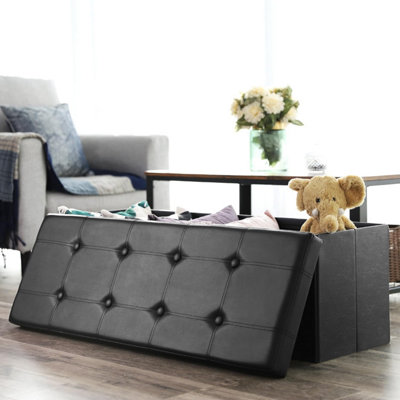 SONGMICS Folding Ottoman, Storage Ottoman, Storage Chest Bench, with Lid, Footstool, Padded Seating, Wide, Classic Black