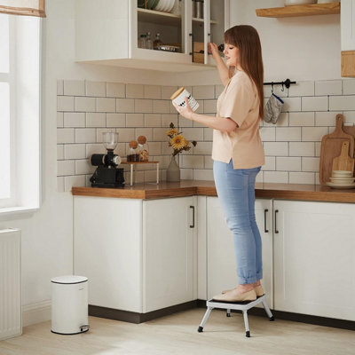 SONGMICS Folding Step Stool, Steel Ladder with Non-Slip Rubber Pad, EN 14183 Compliant, for Bathroom or Kitchen, White