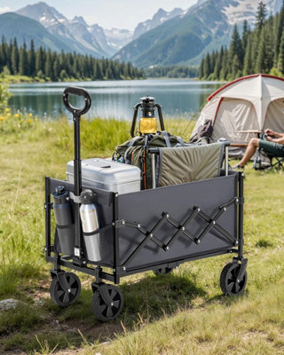 SONGMICS Garden Trolley, Foldable Pull Wagon with Handle, 4 Reinforced Wheels for Easy Transport, Slate Grey