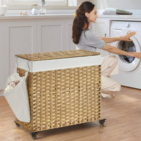 SONGMICS Handwoven Laundry Hamper, Rattan-Style Washing Basket with 3 Sections, Removable Liner, Handles, Lid, Natural