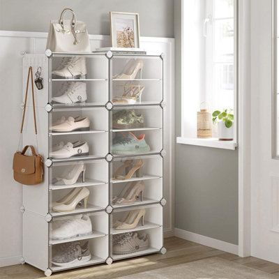 SONGMICS Interlocking Shoe Rack Plastic Shoe Storage Cabinet 8 Slot Modular Storage Organiser Unit Plastic Panels White