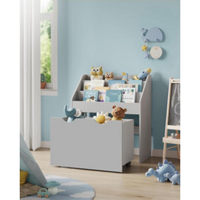 SONGMICS Kids's Bookshelf, Toy Shelf, Children's Shelf, with 3 Compartments, Storage Box on Wheels, Multifunctional, Dove Grey