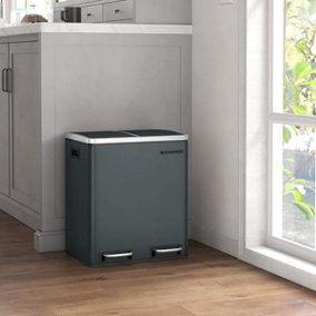 SONGMICS Kitchen Bin, 2 Compartments Double Bin for Recycling and Waste, Pedal Bin with Dual Compartments, Steel, Greenish Grey