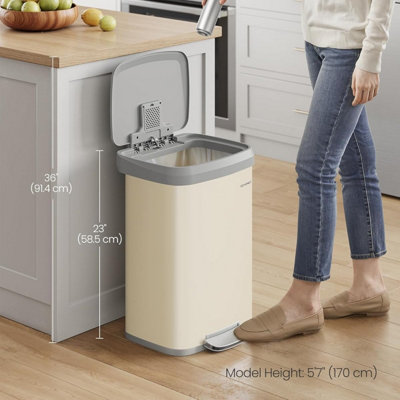 SONGMICS Kitchen Bin, Waste Bin, Rubbish Bin, Metal Waste Pedal Bin with Lid, Tall and Large, Sand Beige and Dove Grey