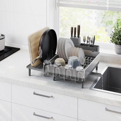 SONGMICS Kitchen Dish Rack, Drying Rack, with Holders for Utensils, Glasses, Cups, Pans, and Cutting Boards, Silver and Grey