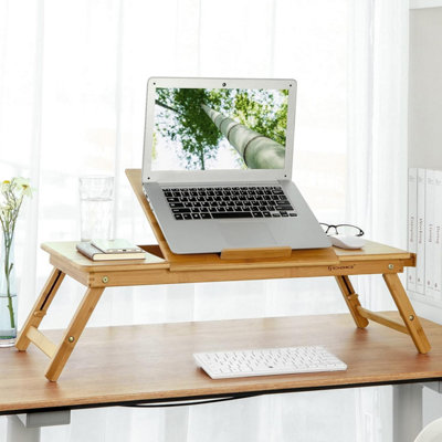 SONGMICS Laptop Desk, Adjustable Bamboo Bed Table with Drawer and Cooling Holes