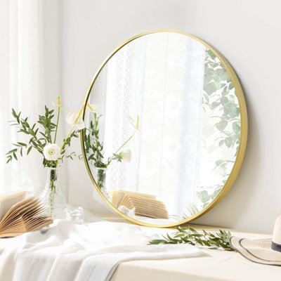 SONGMICS Large Mirror, Round Wall Mirror, Metal Frame, Wall Mounted, Easy to Install, Modern, Metallic Gold