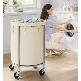 SONGMICS Laundry Basket on Wheels, Laundry Trolley, Round Laundry Hamper with Steel Frame and Removable Bag, Cream and Silver