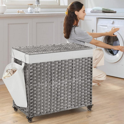 SONGMICS Laundry Basket with Lid, Rolling Laundry Hamper with Wheels, Clothes Bin, Handwoven, Grey