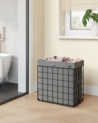 SONGMICS Laundry Bin, Foldable Hamper, Removable Liner, Wire Frame, Bedroom Bathroom, Black and Grey