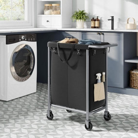 SONGMICS Laundry Cart with Wheels, Dual-Section Laundry Bin, 37 Gallons (140L) Capacity, Detachable Liner, Spacious, Ink Black