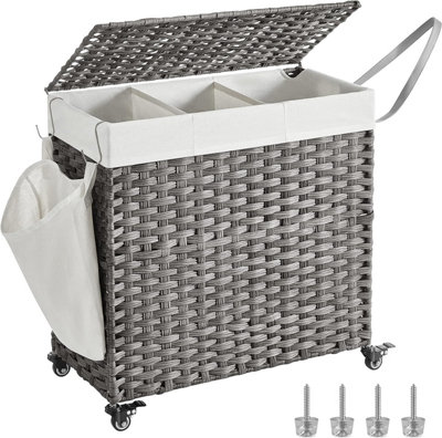 SONGMICS Laundry Hamper, 3-Compartment Rattan-Style Washing Basket, Handwoven, Removable Liner, Handles, Lid, Grey