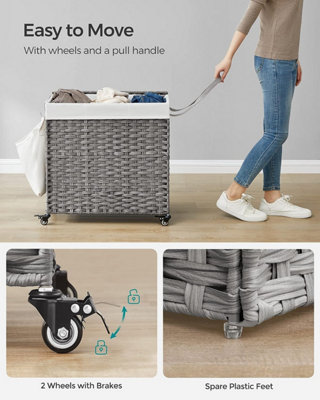 SONGMICS Laundry Hamper, 3-Compartment Rattan-Style Washing Basket, Handwoven, Removable Liner, Handles, Lid, Grey