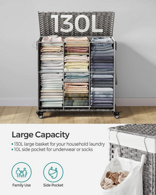 SONGMICS Laundry Hamper, 3-Compartment Rattan-Style Washing Basket, Handwoven, Removable Liner, Handles, Lid, Grey