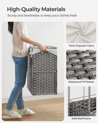 SONGMICS Laundry Hamper, 3-Compartment Rattan-Style Washing Basket, Handwoven, Removable Liner, Handles, Lid, Grey