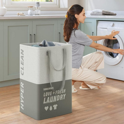 SONGMICS Laundry Hamper, Double-Sectioned Standing Basket, Bedroom & Bathroom Laundry Bin, Dark Grey