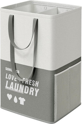 SONGMICS Laundry Hamper Double Sectioned Standing Basket Bedroom Bathroom Laundry Bin Dark Grey
