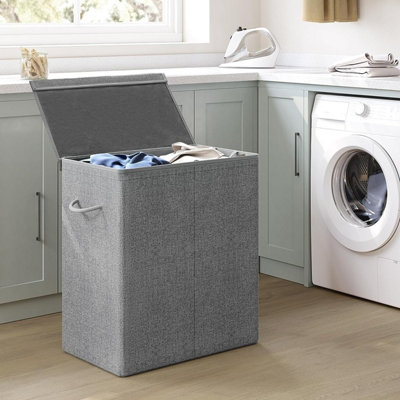 SONGMICS Laundry Hamper, Two-Compartment Washing Basket with Lid, Foldable, Removable Liner, Linen-Look Fabric, Grey