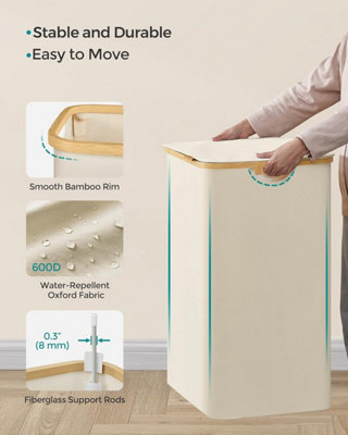 SONGMICS Laundry Hamper with Lid Big Capacity 3 Section Large Basket Collapsible Design Cream White Removable