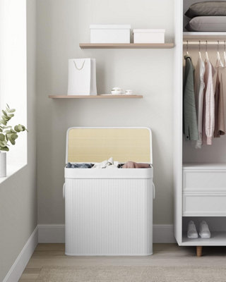 SONGMICS Laundry Organization Basket, 3-Compartment, Removable Washable Bag, for Bedrooms and Laundry Areas, White