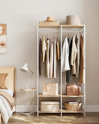 SONGMICS Laundry Rack, Hanging Cloth Rail, Clothes Wardrobe, Foldable, Closet Organiser, Storage Shelves, Natural Beige