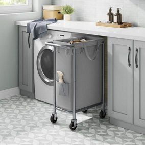 SONGMICS Laundry Trolley with Wheels, Single-Section Hamper, Easy Liner Removal, Dove Grey