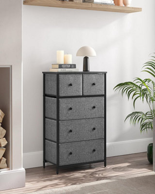 SONGMICS Lounge Dresser Chest, Cloth 5-Drawer Storage Organizer, Dresser, for Hallway, Nursery, Grey and Black with Wood Grain