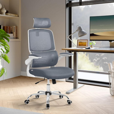 SONGMICS Mesh Computer Chair with Foldable Armrests, Ergonomic Office Chair with High Back, Lumbar Support, Dove Grey