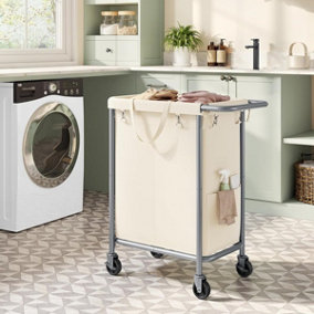 SONGMICS Mobile Laundry Trolley, 2-Section Hamper, 37 Gallons (140L), Removable Inner Bag, Ample Storage, Cream White