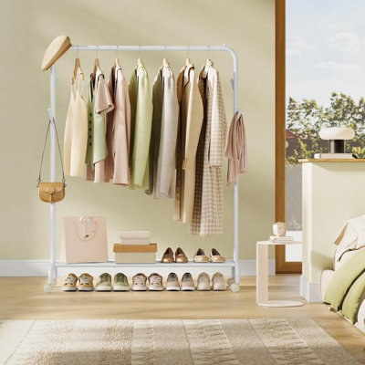 SONGMICS Mobile Wardrobe Organizer, Single-Rail Garment Stand with Sturdy Base Shelf, Cloud White