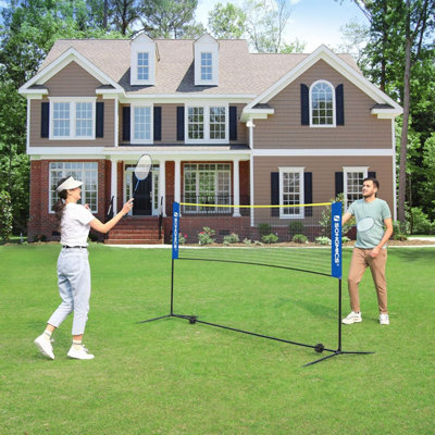 SONGMICS Multi-Purpose Badminton and Volleyball Net with Adjustable Poles, Large Size, Portable Tennis Set, Blue and Yellow