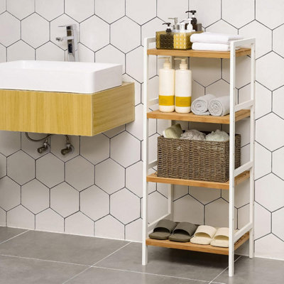 SONGMICS Natural Bamboo Storage Tower, 4-Tier Multi-room Organizer Stand, Versatile Home Rack, Natural and White
