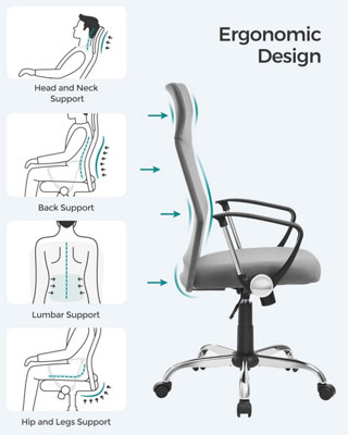 SONGMICS Office Chair, Ergonomic Desk Chair, Swivel Chair, Upholstered Seat, Adjustable Height, Tilt Function, Dove Grey