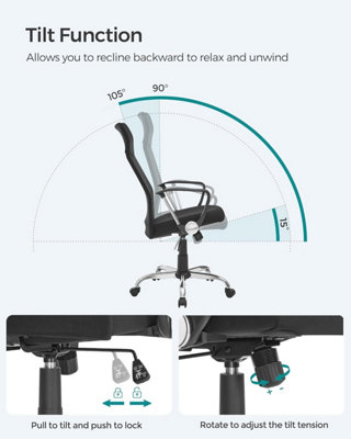 SONGMICS Office Chair, Ergonomic Desk Chair, Swivel Chair, Upholstered Seat, Adjustable Height, Tilt Function, Dove Grey