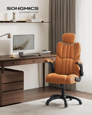 SONGMICS Office Chair, Ergonomic Gaming Chair, Adjustable Headrest, Tilt, Foldable Armrests, Self-Locking Castors, Caramel Brown