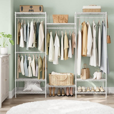 SONGMICS Open Wardrobe for Bedroom, Metal Clothes Rack with Storage Shelves and Hanging Rails, Heavy-Duty, Cloud White