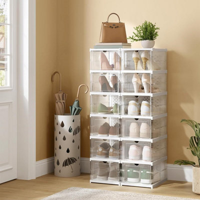 SONGMICS Organizer Set, Dozen-Unit Shoe Storage with Portable Design, Transparent and Cloud White