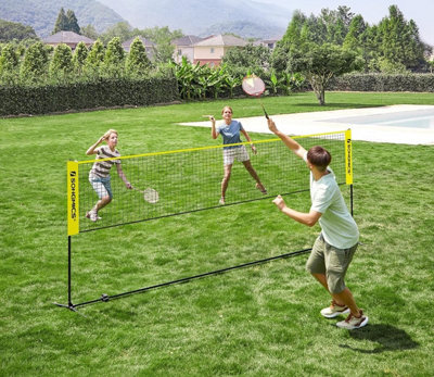SONGMICS Outdoor Badminton and Volleyball Net, Mid-Length, Adjustable Poles, Portable Set for Tennis, Yellow