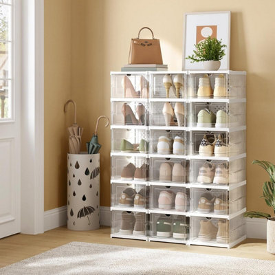 SONGMICS Pack of 18 Stackable Shoe Organizers, Foldable and Portable Storage Cabinet, Transparent and Cloud White