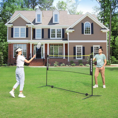 SONGMICS Portable Badminton and Volleyball Net with Adjustable Poles, Mid-Sized, Tennis Net Set, Black and Yellow
