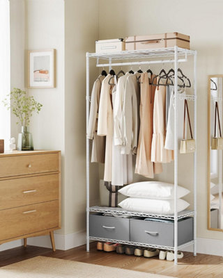 SONGMICS Portable Wardrobe Rack, Durable Clothes Rack with Shelf, 2 Drawers, Hooks, and Hanging Rail, Cloud White and Dove Grey