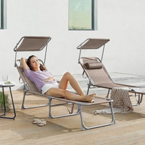 SONGMICS Reclining Sun Chair, Folding Deck Chair with Adjustable Backrest and Sunshade Headrest, Taupe