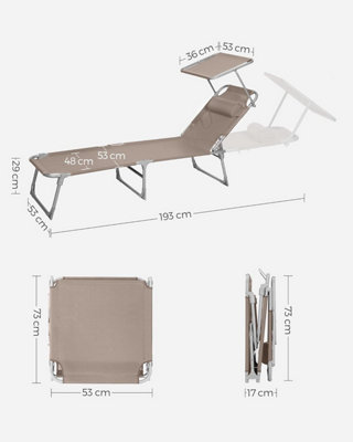 SONGMICS Reclining Sun Chair, Folding Deck Chair with Adjustable Backrest and Sunshade Headrest, Taupe